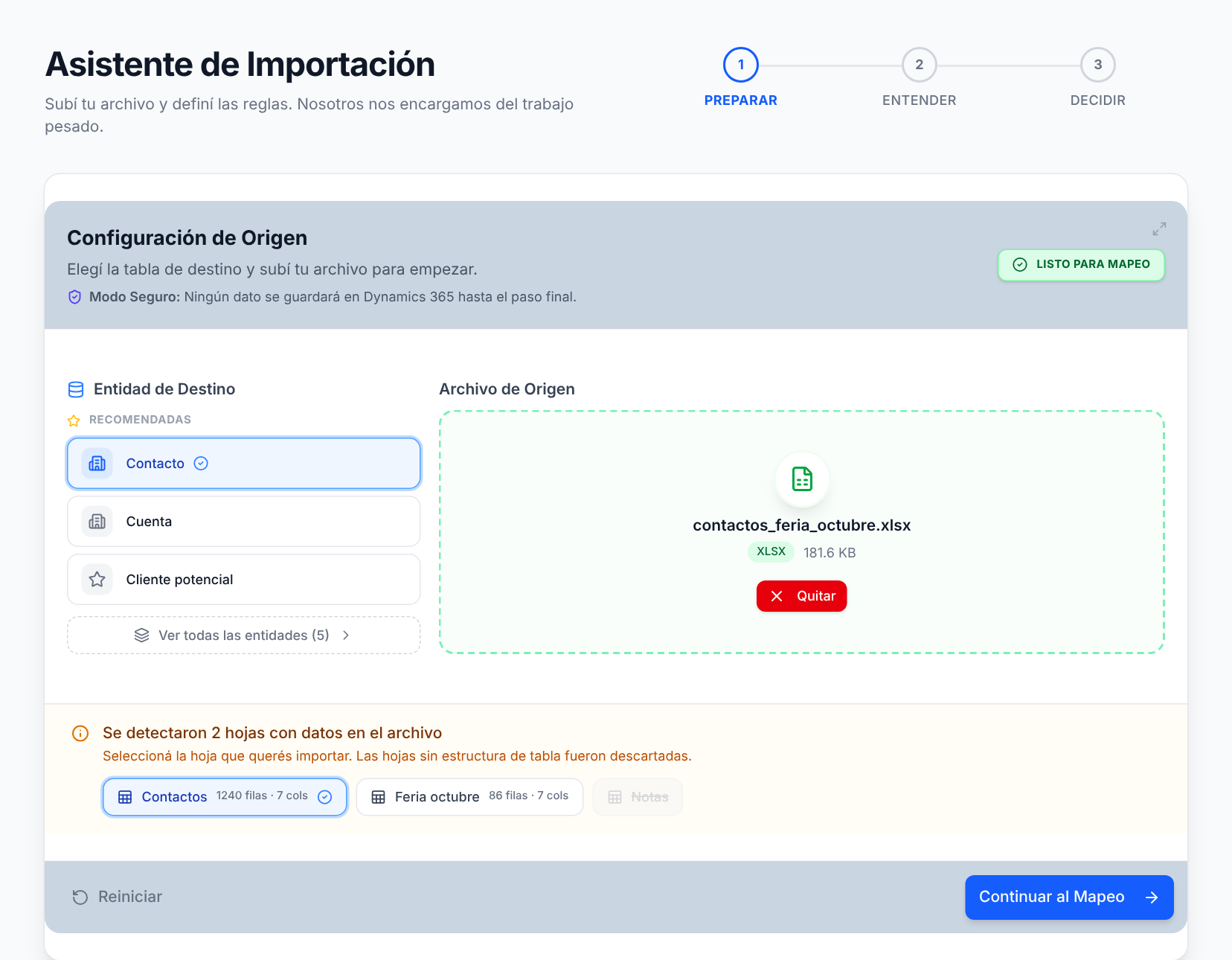 Paso Preparar: entidad Contacto elegida y un Excel con dos hojas para elegir