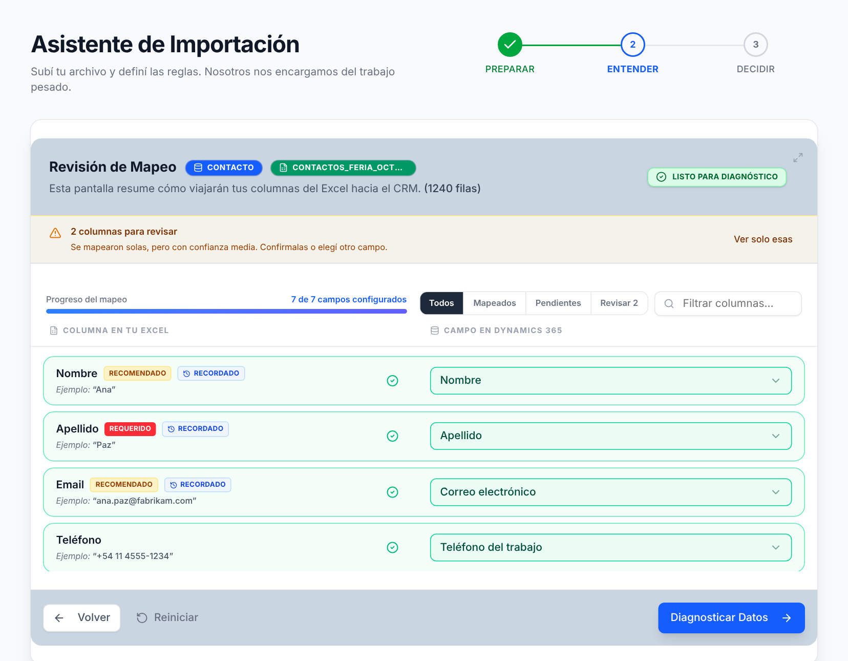 Paso Entender: revisión del mapeo con nivel de confianza por columna
