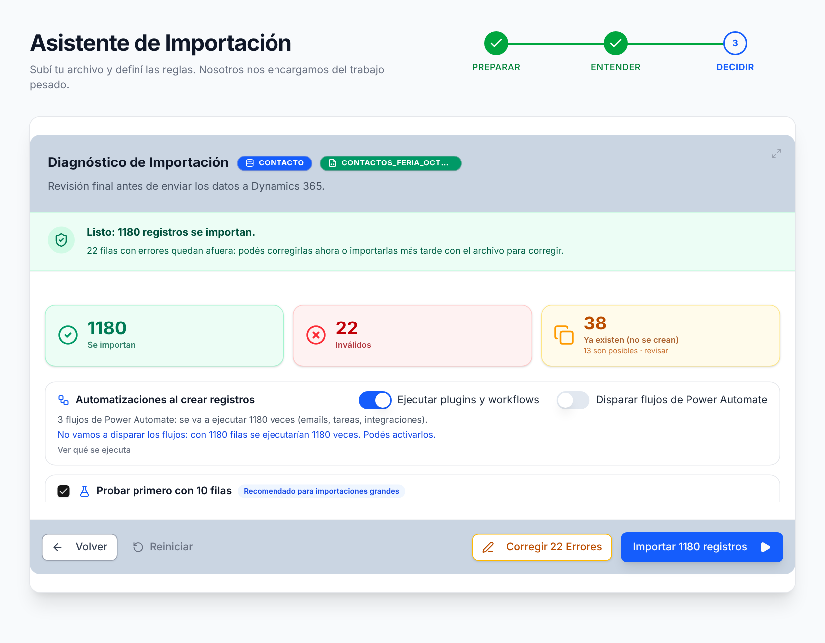 Diagnóstico de importación: inválidos, duplicados y motivo por fila