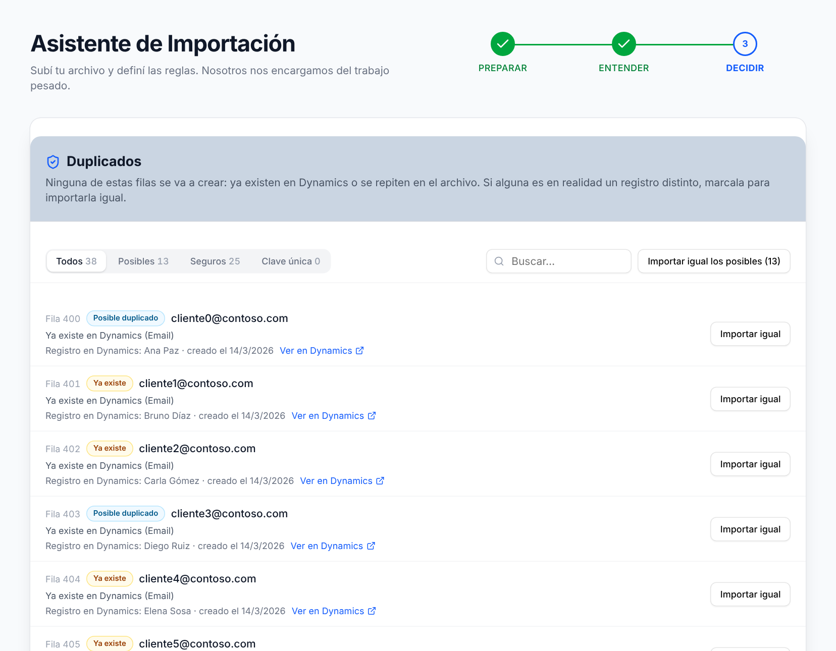Revisión de duplicados: cada fila junto al registro que ya existe en Dynamics 365