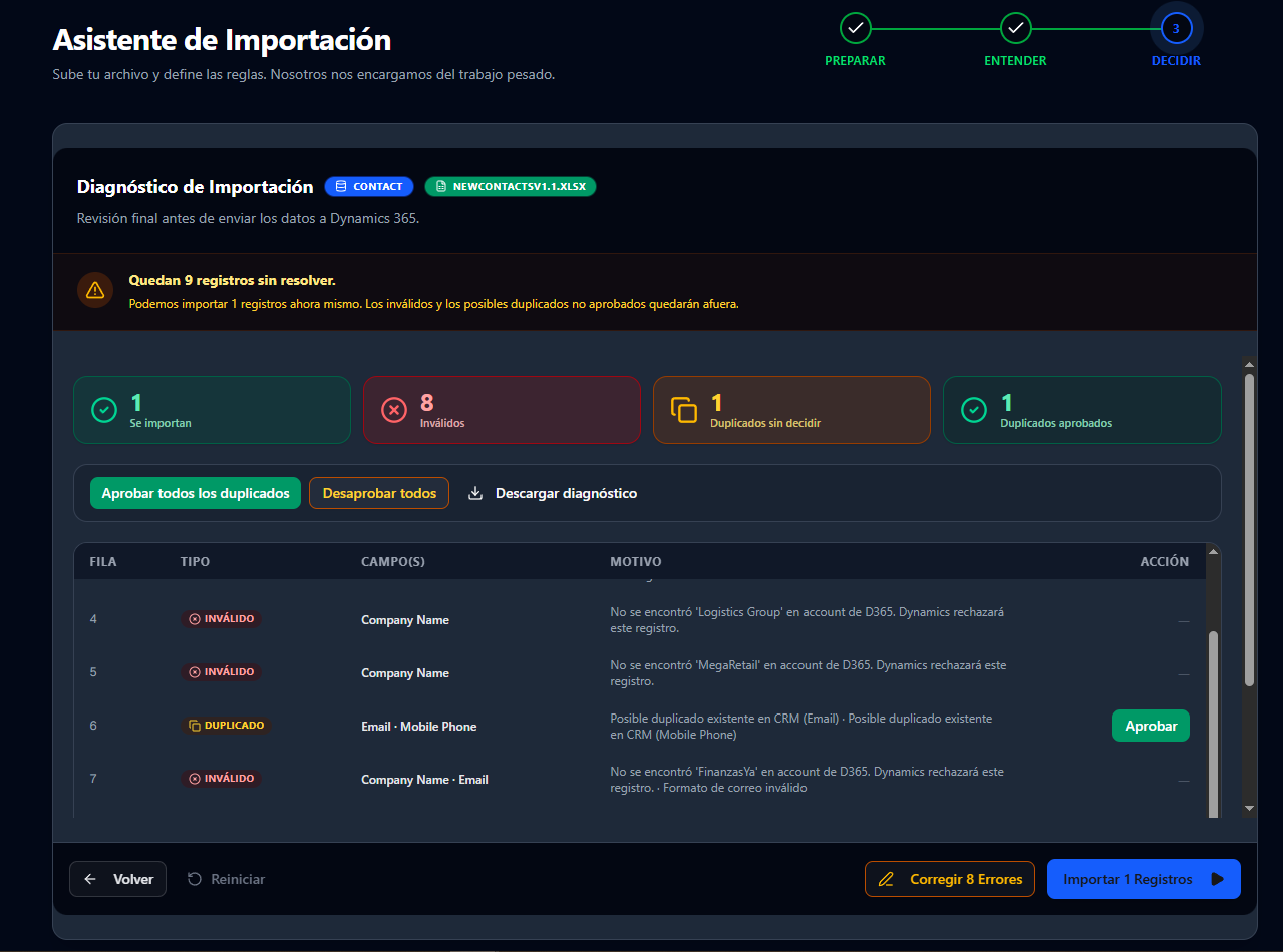 ImportToD365 — Paso 3: Decidir
